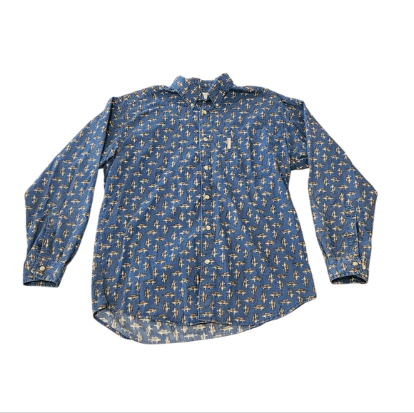 Columbia Men Large Blue Long Sleeve Fish Print Button Up Fisherman Cotton Shirt - Picture 1 of 6